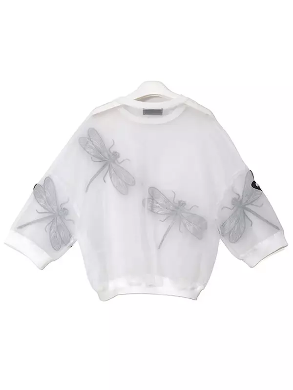 XITAO-Camiseta de malla blanca y negra para mujer, camisa de libélulas bordada, transparente, Kawaii, LJT1723