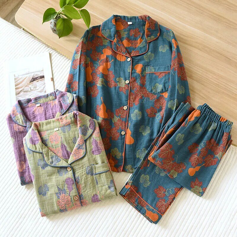 Conjunto japonês de pijama feminino de duas peças, 100% algodão, calça vintage de manga comprida, mobiliário doméstico, primavera e outono, novo, 2024