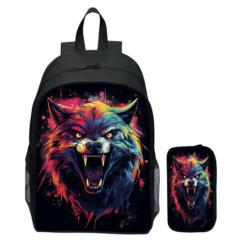 Angry Wolf School Bags for Teenager Boys 3D Wolf Print Children Backpack With Pen Bag Angry Spider Schoolbag Mens Laptop Bookbag