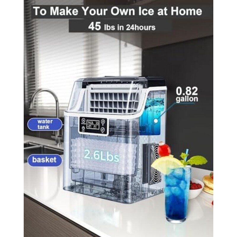 Kndko meja pembuat es 45lbs,2 cara menambahkan air, pembuat es membersihkan sendiri, kontrol ukuran es, Timer 24 jam