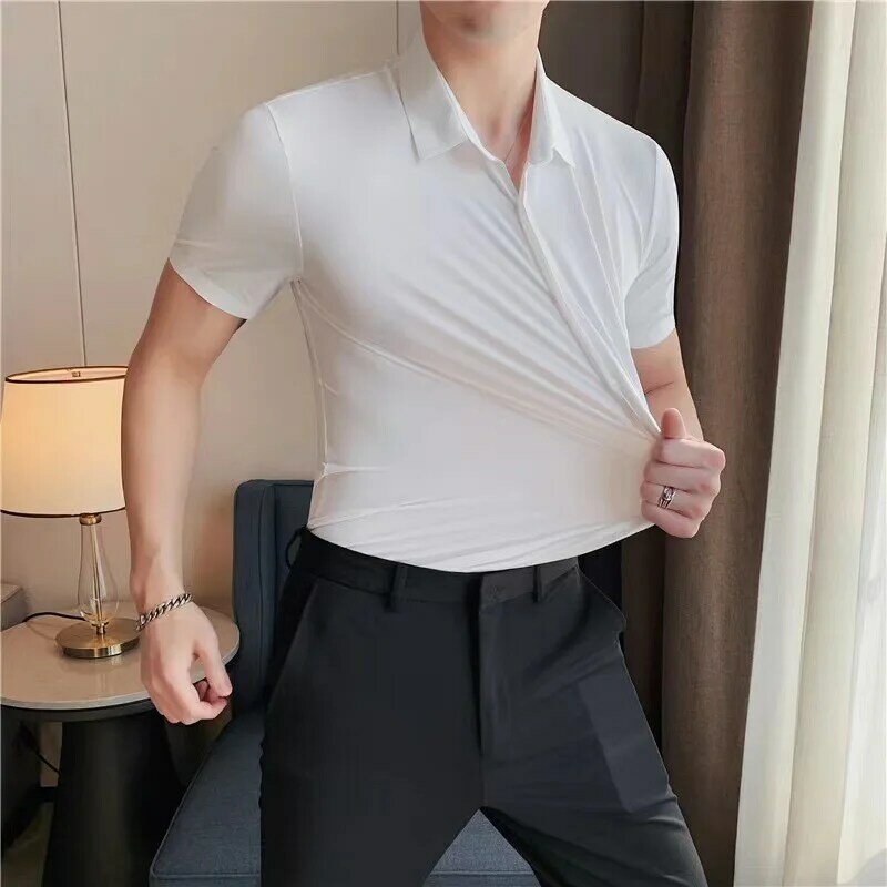 Camisa de manga corta Ultra elástica para hombre, camisa informal de negocios, transpirable, elástica, resistente a la abrasión, Color sólido
