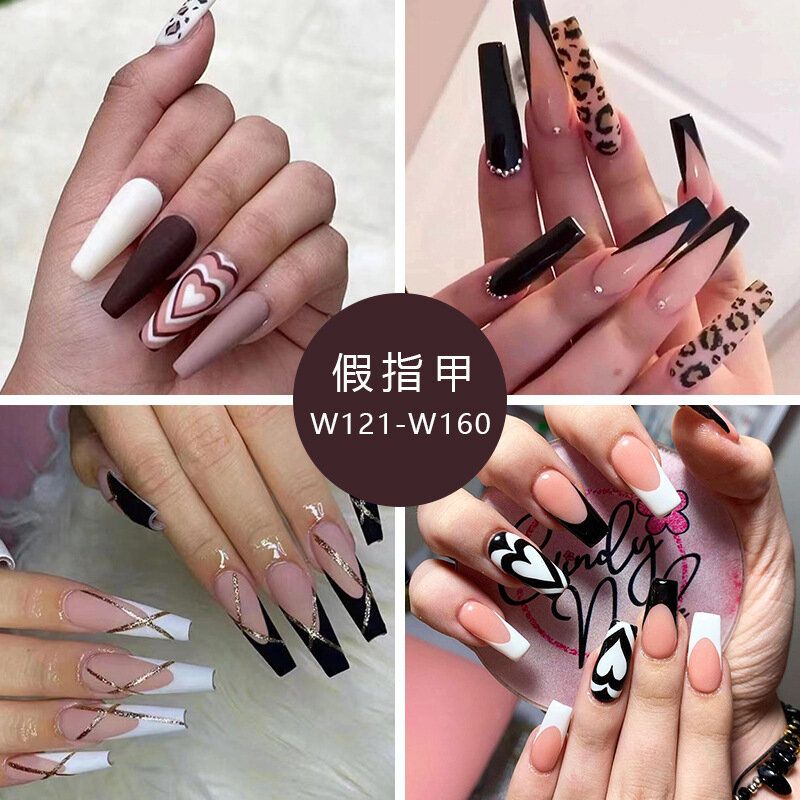 24Pcs Wave Line Short Ballet French False Nails With Flower Design Square Head Fake Nail Tips Simple Wearable Press On Nails