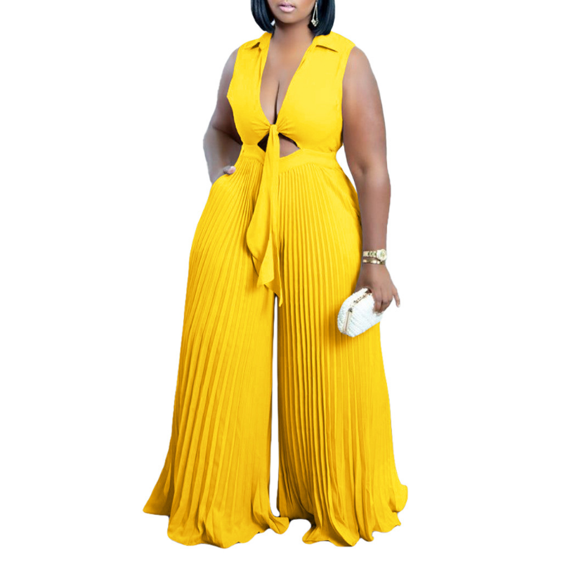 Sexy Pleated Jumpsuits for Women Loose Deep V Neck Hollow Out Sashes Up Sleeveless Wide Leg Pants Party Club Prom Female Outfits