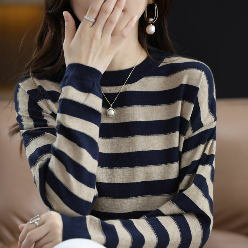 Женский простой полосатый джемпер, повседневный Мягкий трикотажный пуловер с круглым вырезом и длинными рукавами, корейский стиль, Осень-зима 2022