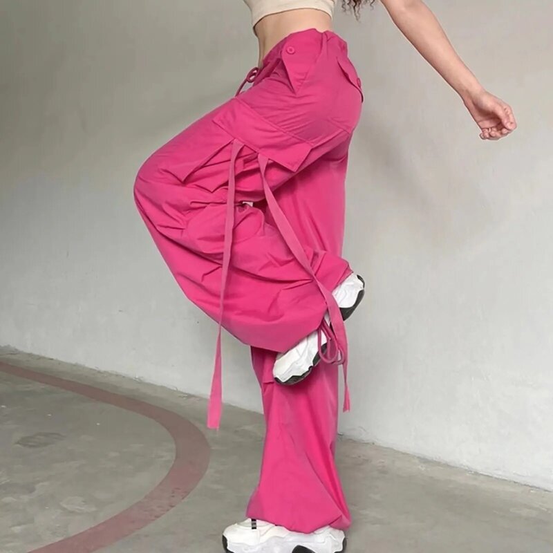 여성용 핑크 카고 바지, 오버사이즈 스웻팬츠, 레이스업 리본, 로우 라이즈, 세련된 카프리, 캐주얼 스트리트웨어, 2024 여름 신상