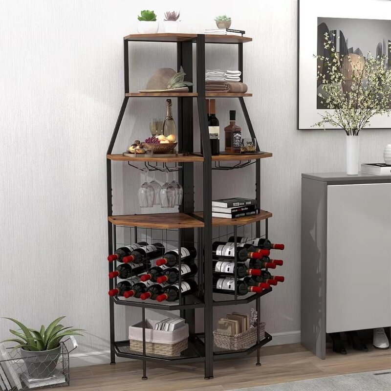 Armário do vinho com suporte de vidro e garrafas, 5-Tier Corner Wine Rack, Piso Autoportante, Armazenamento de vinho, Casa