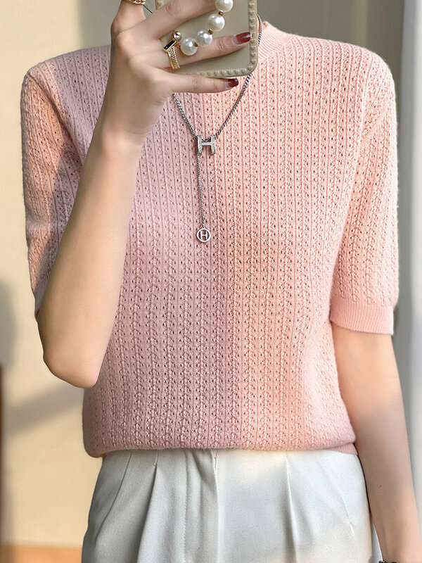 Camisola feminina com gola redonda, pulôver oco, camiseta de manga curta macia, tops de malha leve 100% lã, moda verão