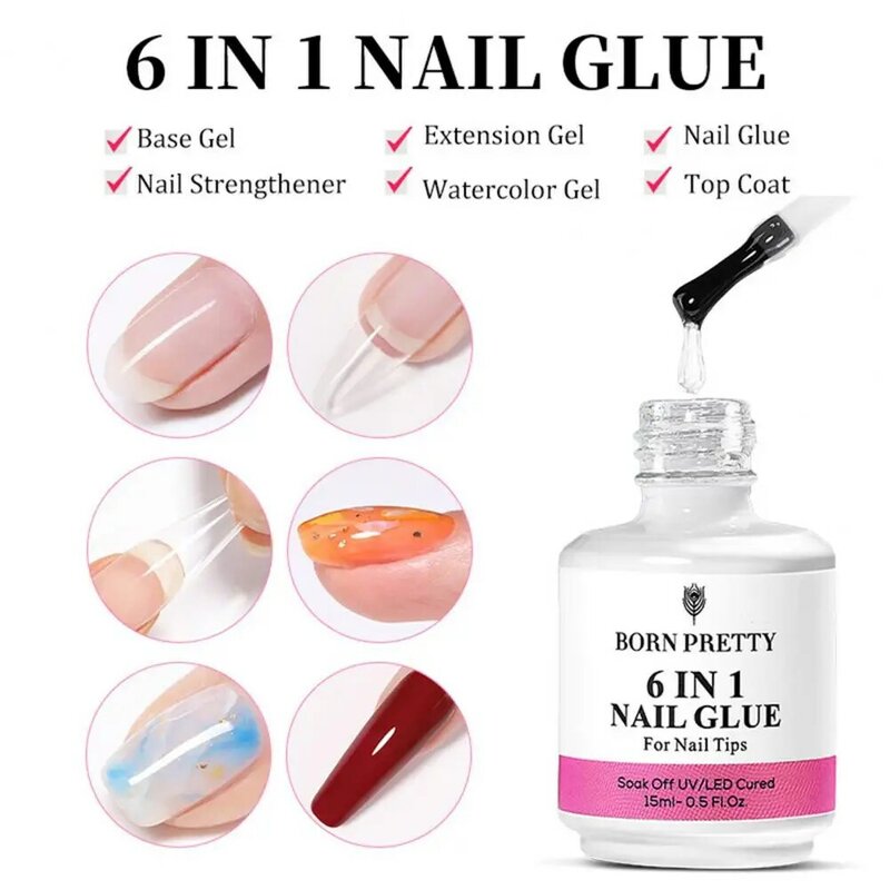 Practical Nail Functional Glue Persistent Extend Nails No Odor Wipe Free 6-in-1 Nail Glue Soak Off Base Gel Top Coat