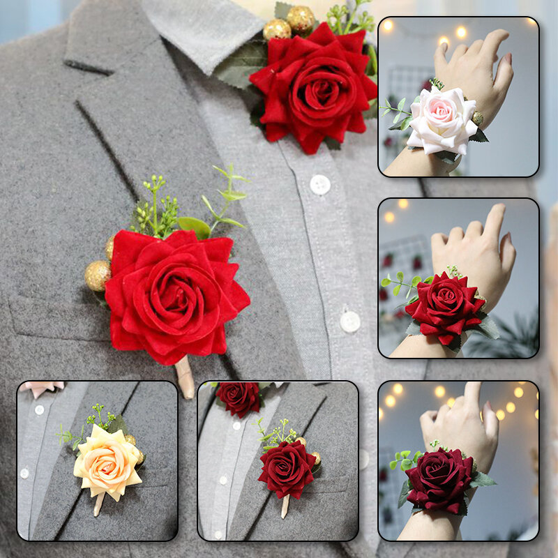 Gelang pernikahan korsase pergelangan tangan kain untuk pengiring pengantin bunga tangan mawar palsu Aksesori pernikahan untuk tamu