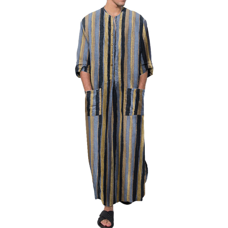 Jubah bergaris etnis untuk pria jubah Muslim lengan panjang bergaris antik jubah Kaftan kerah bulat kancing Jubba Thobe kantong pakaian Arab Dubai