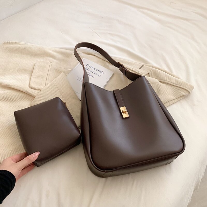 Vintage 2 PCS/SET Simple Solid Color Shoulder Bags for Women 2024 Leather Handbags and Purses Lady Designer Underarm Bag Сумки