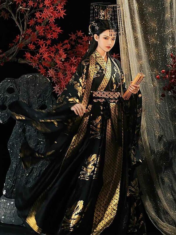 Gaun Hanfu Cina wanita tradisional perunggu, Hanfu kostum Cosplay Ratu Halloween, Hanfu hitam 3 potong Set ukuran Plus XL