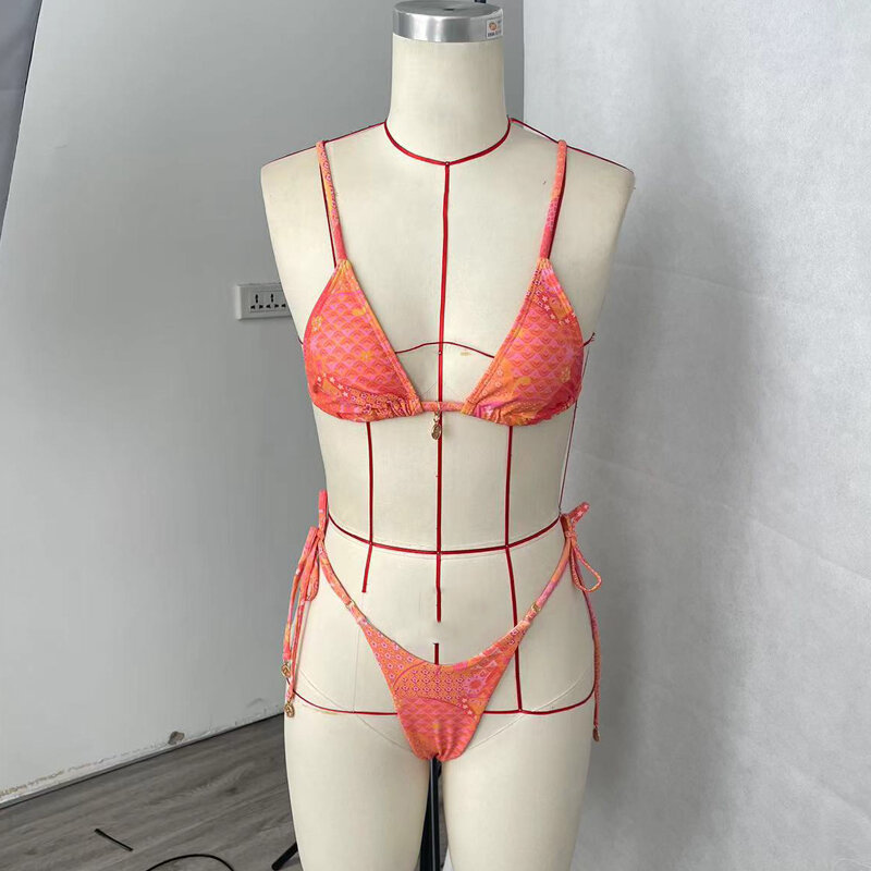 Damskie Bikini BEACHCICI dwuczęściowe letnie seksowne szelki z nadrukiem bez pleców sznurowane z wysokim stanem związywane plisowana szczupła świąteczne stroje kąpielowe