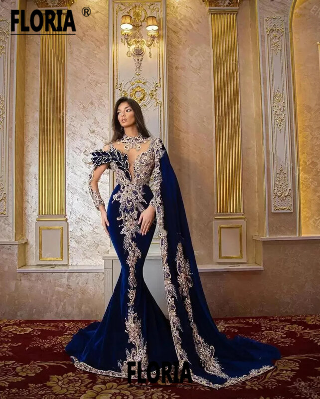 Luxo Cristal Frisado Veludo Vestidos De Noite Formais, Royal Blue Couture, Capa Longa, Apliques De Dubai, Vestido De Baile De Festa