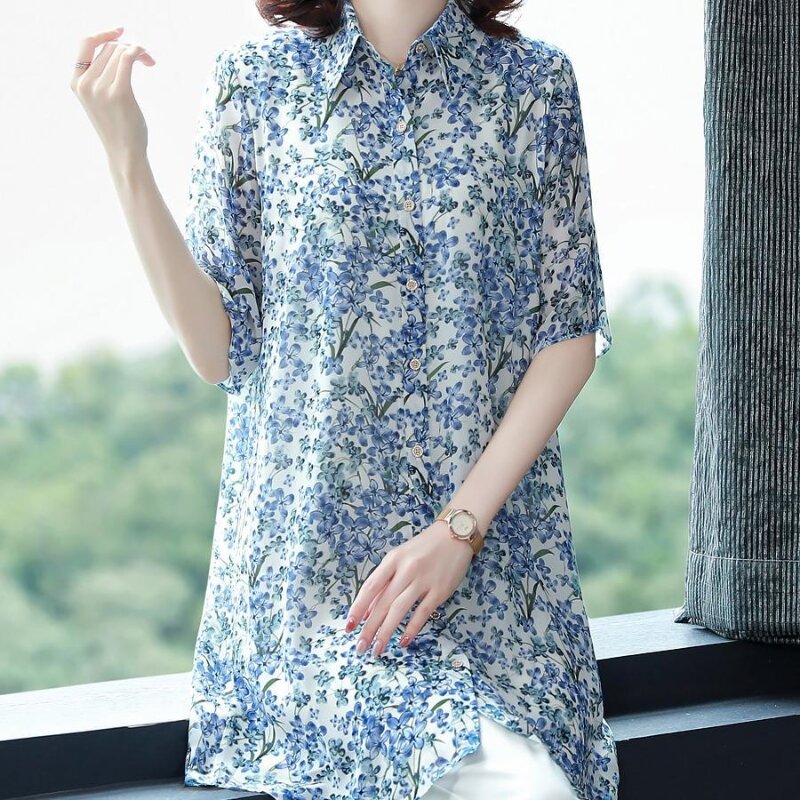 Camisa de gasa con flores para mujer, camisa elegante de longitud media con reducción de edad, Top intelectual adelgazante, novedad de verano, 2024