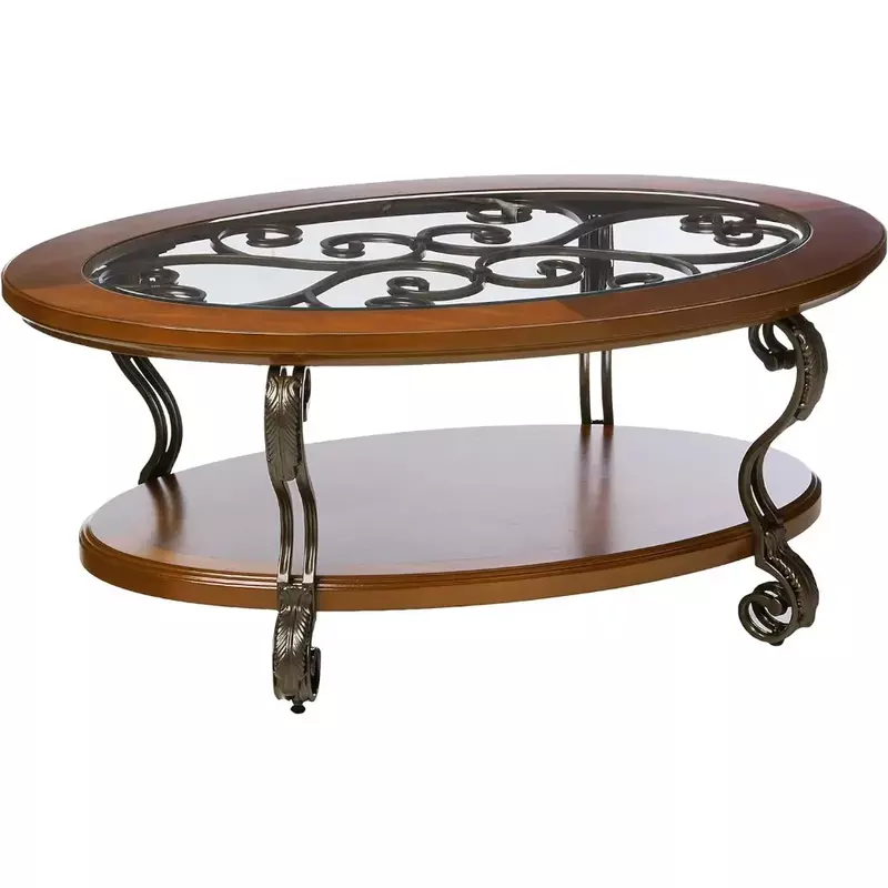 Tavolino da caffè ovale tradizionale con piano in vetro smussato sottofondo a scorrimento e 1 ripiano fisso Set di mobili da caffè marrone scuro