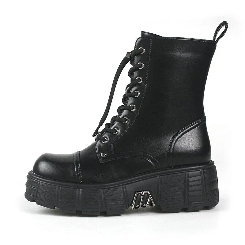 Punk Rock Platform Heavy Metal Decoration Thick Bottom Heightened Mid Top Couple Motorcycle Retro Lace-Up Versatile Boots