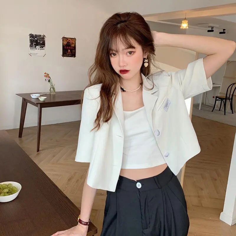 Summer Thin Short Sleeve Blazer Jacket Ladies New Solid Lapel Suit Crop Coat Women Casual Single-Breasted Cropped Outerwear
