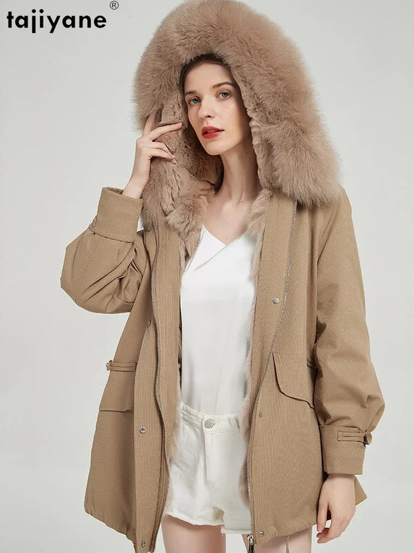 Mantel bulu fujiyane asli untuk wanita mode Musim Dingin 2024 jaket panjang setengah kerah rubah parka GARIS kelinci Rex dapat dilepas