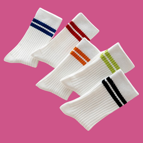 Meias listradas de cano médio masculino com agulha dupla com punhos, 2 barras, brancas, meias de algodão de casal neutro, 5 pares, 10 pares