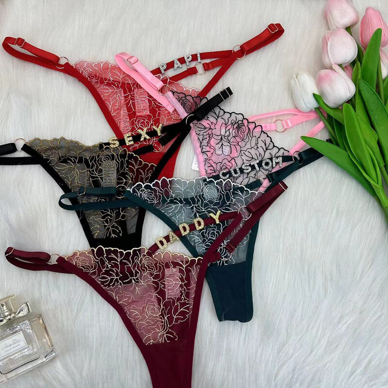 Sexy Personalized Name Thongs Panties Custom Thong with Name for Women Lace G String With Crystal Letters Underwear Gifts