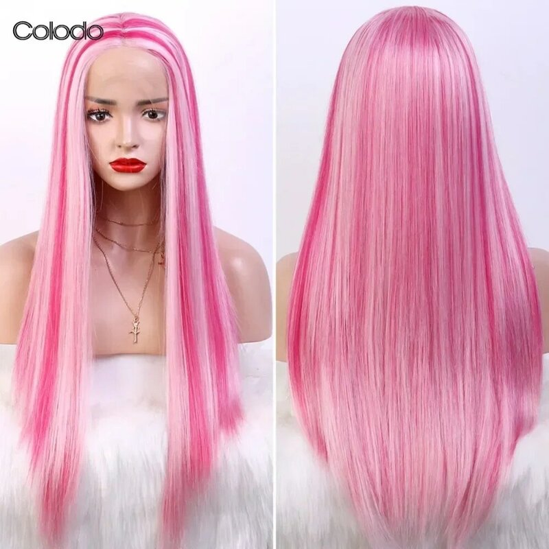 Coloo Wig sintetis renda depan wanita, Wig Cosplay renda depan lurus halus merah muda untuk wanita tahan panas tanpa lem