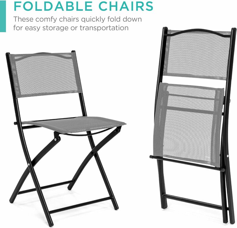 Juego de muebles de comedor con mesa de vidrio texturizado, 2 sillas plegables, marco de acero, Patio Bistro, 3 piezas