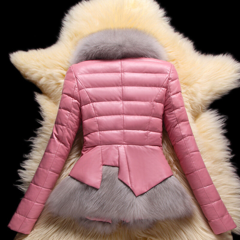AYUNSUE-여성용 정품 가죽 자켓 겨울 푸퍼 자켓, 여우 모피 칼라 슬림 양피 코트 Manteau Femme