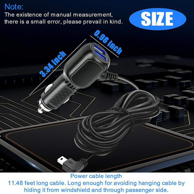 DVR Charging Cable Dash Cam Car Charger Mini USB Cable / Micro USB 11.5ft Power Cord Supply 12-24V For DVR Camera GPS