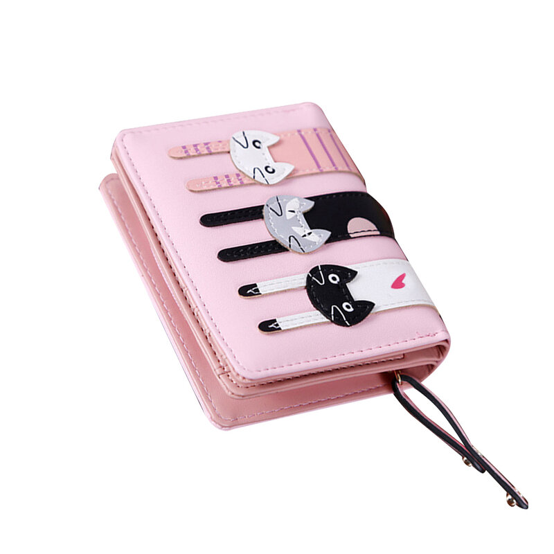 Monedero corto de cuero PU con Gato de dibujos animados para mujer, cartera pequeña con cremallera, tarjetero
