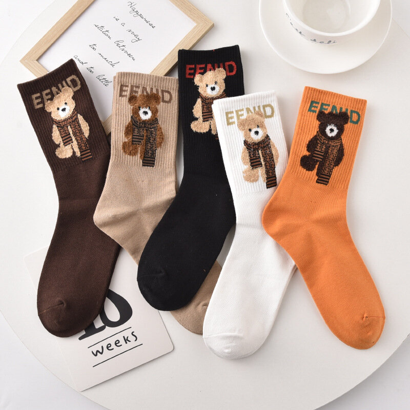 Spring Autumn Winter Cartoon Women'S Socks Cotton Mid-Tube Cute Bear Print Trend Short Socks Comfortable Breathable Sports Socks