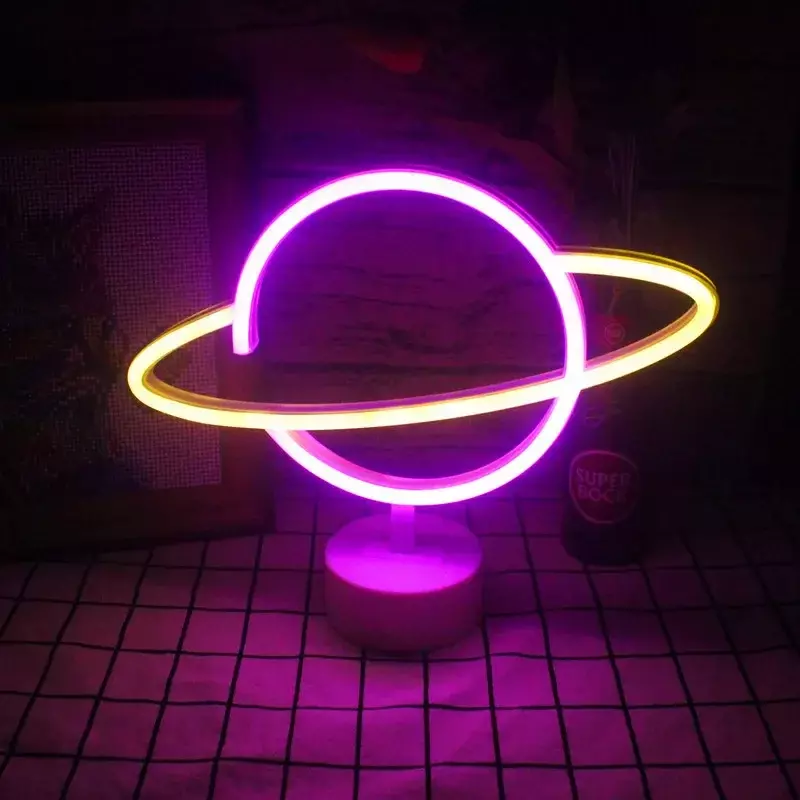 Lampe LED en néon en forme de planète elliptique, signe de la terre, luminaire décoratif mural à piles pour la maison, éclairage de salle de fête de noël