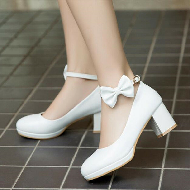 เด็กหญิงรองเท้าสีขาวผู้หญิงเจ้าสาวรองเท้างานแต่งงานผู้หญิงปั๊ม Sweet Bowknot ข้อเท้าชุดผู้หญิงรองเท้าขนาด30-43
