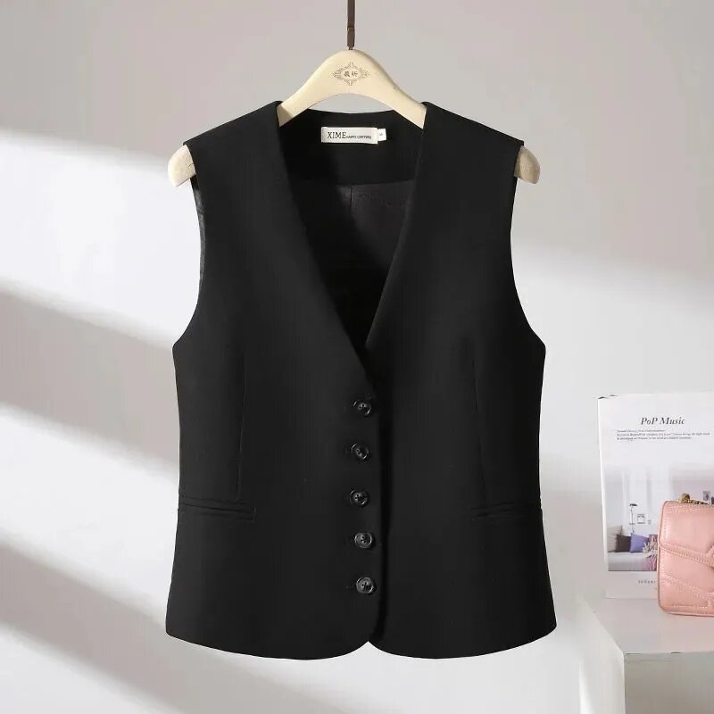 Black Vest Jacket 2024 Spring Autumn New Women's Slim V-neck Sleeveless Coat Fashion Casual Short Waistcoat Outwear Feminine
