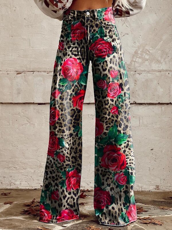 กางเกงยีนส์แฟชั่นลายดอกไม้เอวสูงของผู้หญิง, กางเกงยีนส์กางเกงขาม้าเลียนแบบบางขากว้าง