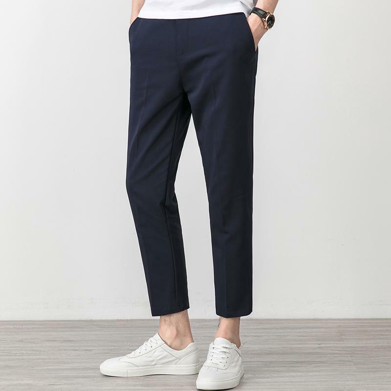 Pantalon décontracté pour hommes, taille élastique, petits pieds, slim, style coréen, plissé, conique, fjStreetwear, W45