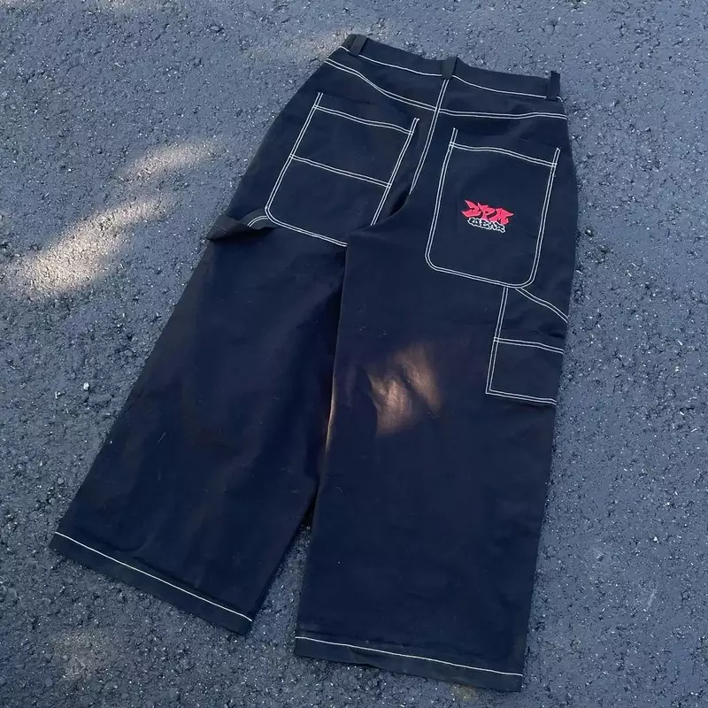 Celana Jeans Hip Hop pria, pakaian jalanan Harajuku bordir huruf 3 PM2 K Retro, celana kaki lebar lurus, hitam, Baggy, pakaian pria