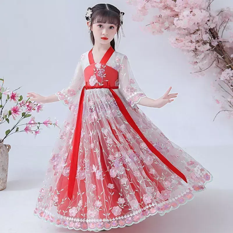 Vestido de princesa hanfu japonês e coreano infantil, fantasia para meninas, bordado bonito, 3-12t, chinês