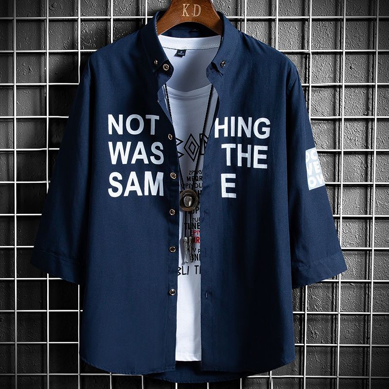 Blusa de manga corta holgada para Hombre, prenda de vestir informal con cuello en pico y botones estampados, estilo Harajuku, elegante y a la moda
