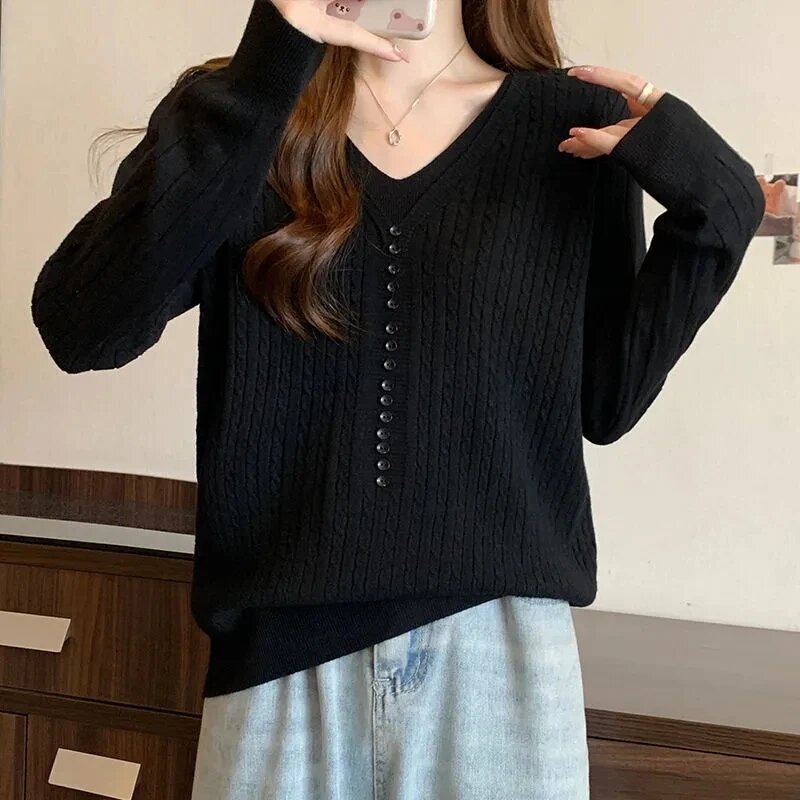 Pulôver de tricô de manga comprida feminino, suéter feminino, tops, gola em v, salto feminino, 2 peças falsas, outono, primavera