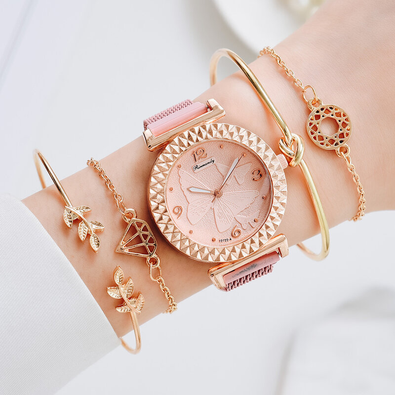 5 sztuk zestaw zegarków dla kobiet luksusowe różowe złoto panie zegarek kwarcowy Casual zegarki damskie modna bransoletka Bangle biżuteria Reloj Mujer