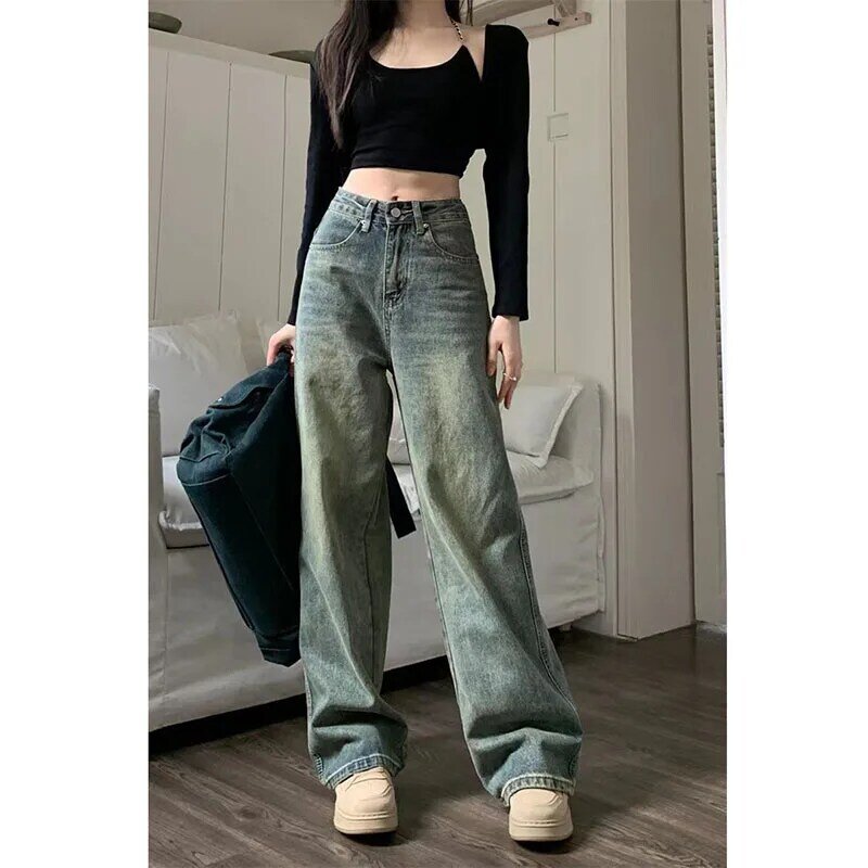 Luźne, proste spodnie jeansowe w stylu Vintage z lat 90., luźne spodnie damskie z wysokim stanem i dżinsy z szeroką nogawką w stylu Streetwear, dopasowane spodnie codzienne nowość