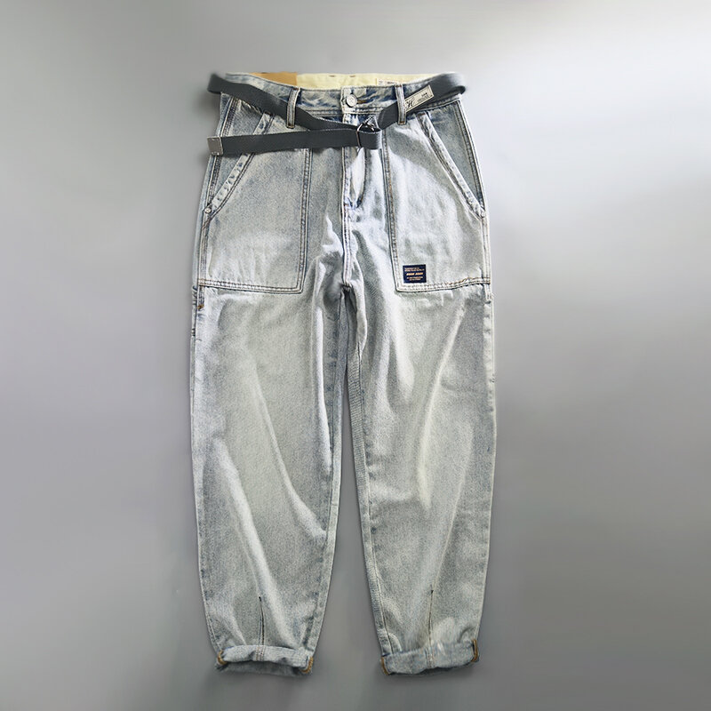 Новинка Весна 2024, винтажные зауженные прямые джинсы для мужчин, одежда, карго из мягкого хлопка, Повседневная Уличная одежда, мужские брюки KK1035