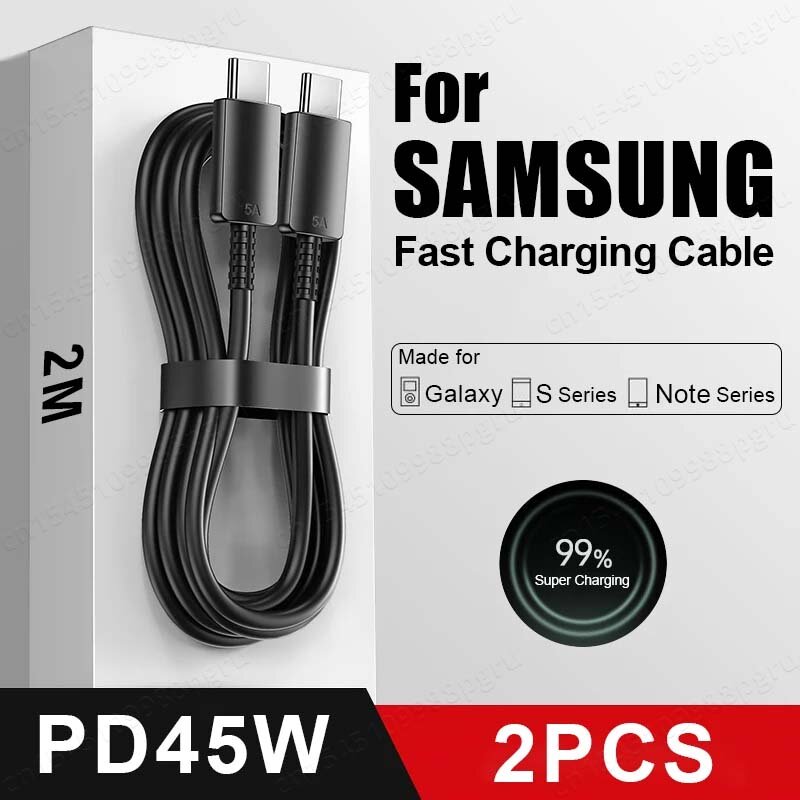Kabel Data USB Tipe C PD 45W, 2 buah kabel USB C pengisian daya Super cepat untuk Samsung Galaxy S20 S21 S22 S23 Ultra Note 10 5G 20 A53 A54