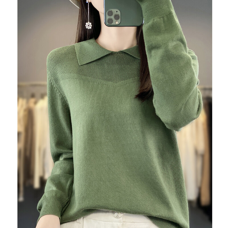 Early Autumn Women 100% Cotton Knit Sweater Doll Collar Pullover Bottoming Sweater Comfortable Breathable Clothes