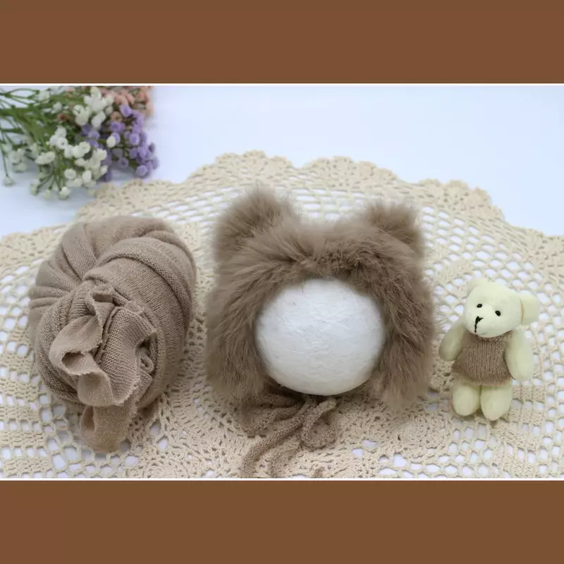 New Baby Photography Clothing Newborn Shooting Props Babies Rabbit Hair Hat+cloth+doll Infant Wrapping Clothes Photo Accessories