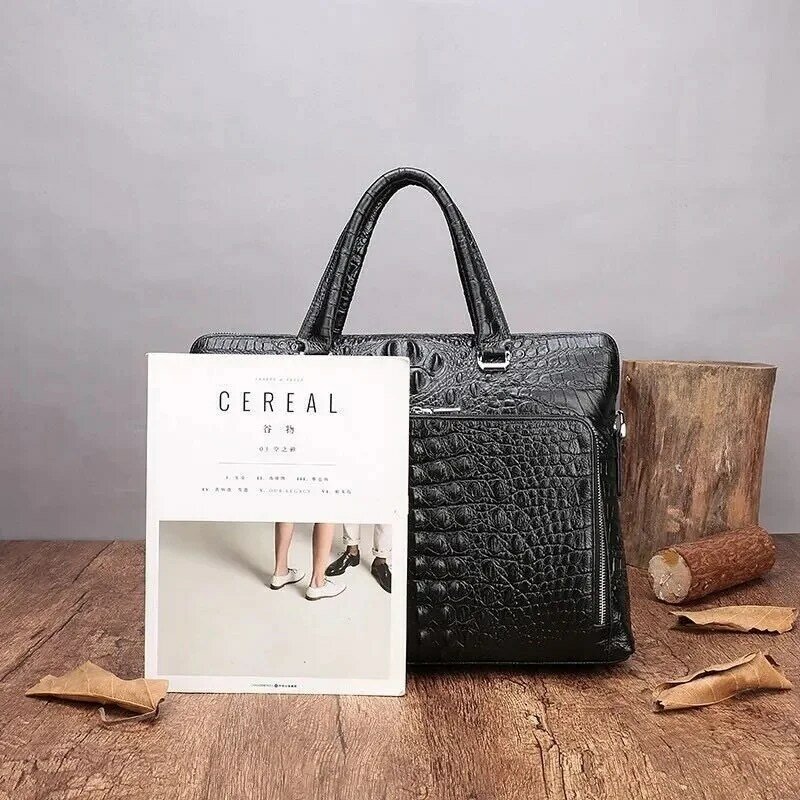 Crocodile Pattern Men Genuine Leather Briefcases Double Zipper Handbag Business Man Laptop Bag Luxury Shoulder Messenger
