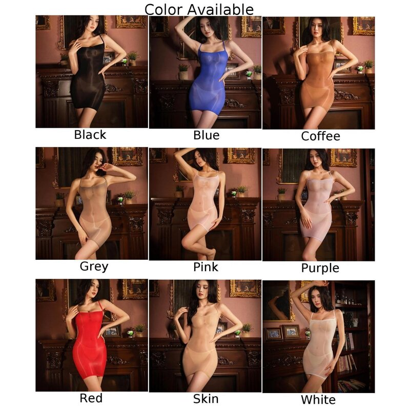 Womens Erotic Ultra Thin Oil Shiny Bodycon Nightdress Sheer Sexy See Through Tight Strappy Ladies Stepmother Wrap Hip Dress