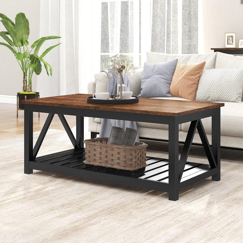Black Coffee Table, Rustic Vintage Table with Shelf for Living Room, 40 Inch