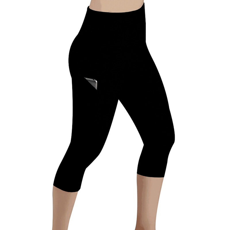 Leggings Capri femininas com bolsos laterais, calça feminina casual, calça esportiva fitness, cintura alta, design de bolsos laterais